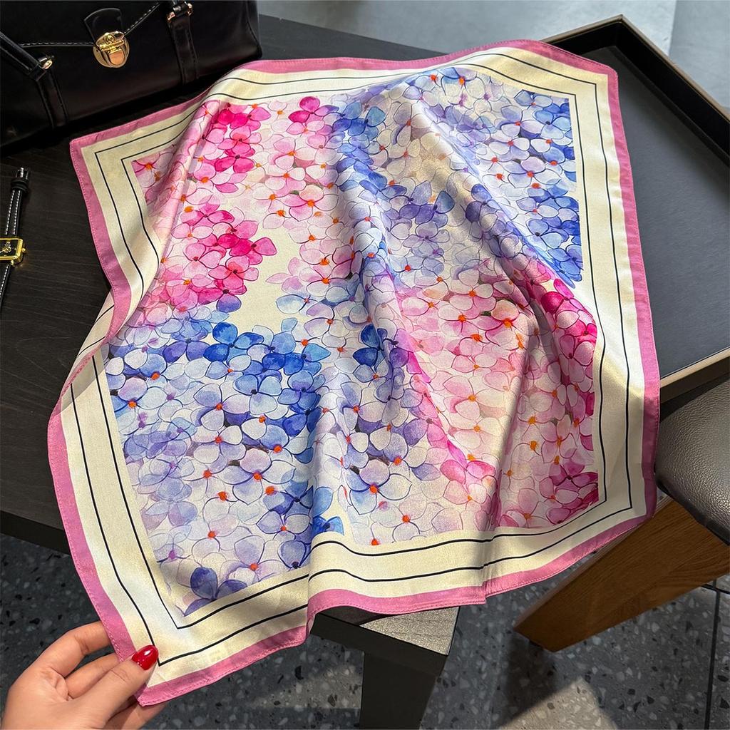 Luxury 100% Mulberry Silk Scarf Women Oil Floral Print Bandana Shawl Lady Neckerchief Handkerchief Female Decorative Wrap 53cm