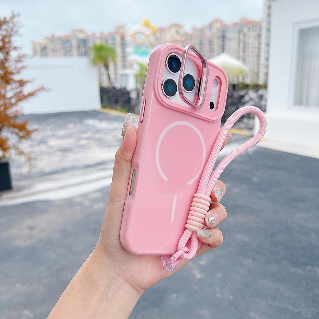 Magnetic Lens Bracket Protective Case for iPhone 16/15/14 Pro Max with Skin Feel & Lanyard, Solid Color