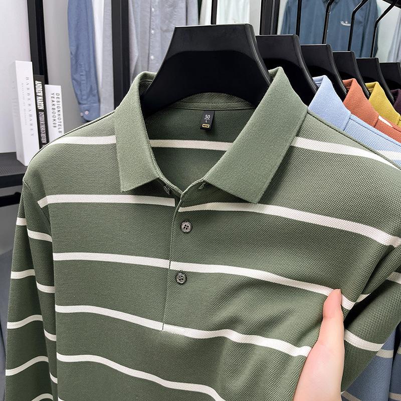 Long Sleeve T-Shirt Loose Fit Casual Lapel Collar Polo Shirt Striped