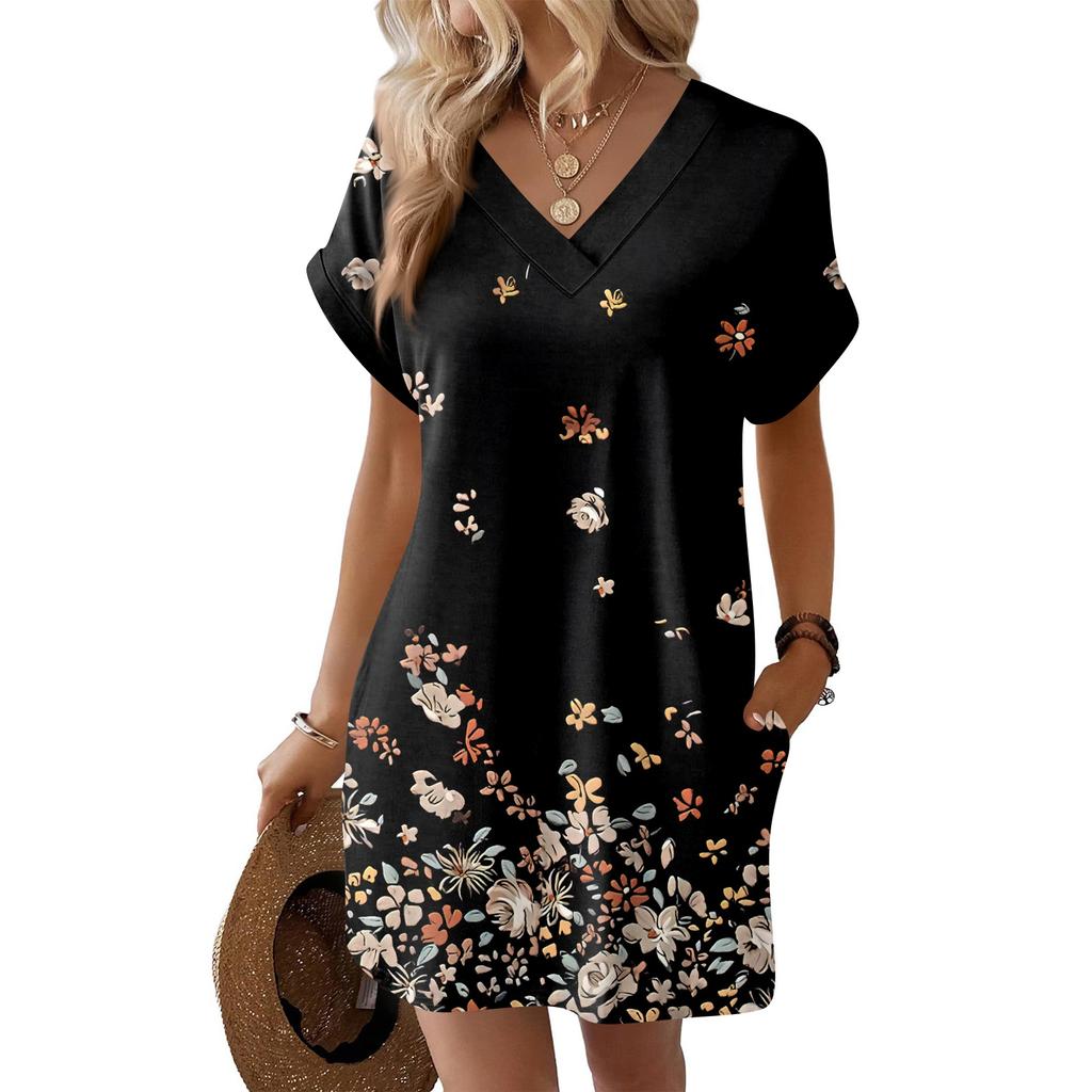 Damenmode Druck V-Ausschnitt Kurzarm Tasche Lässiges Pulloverkleid