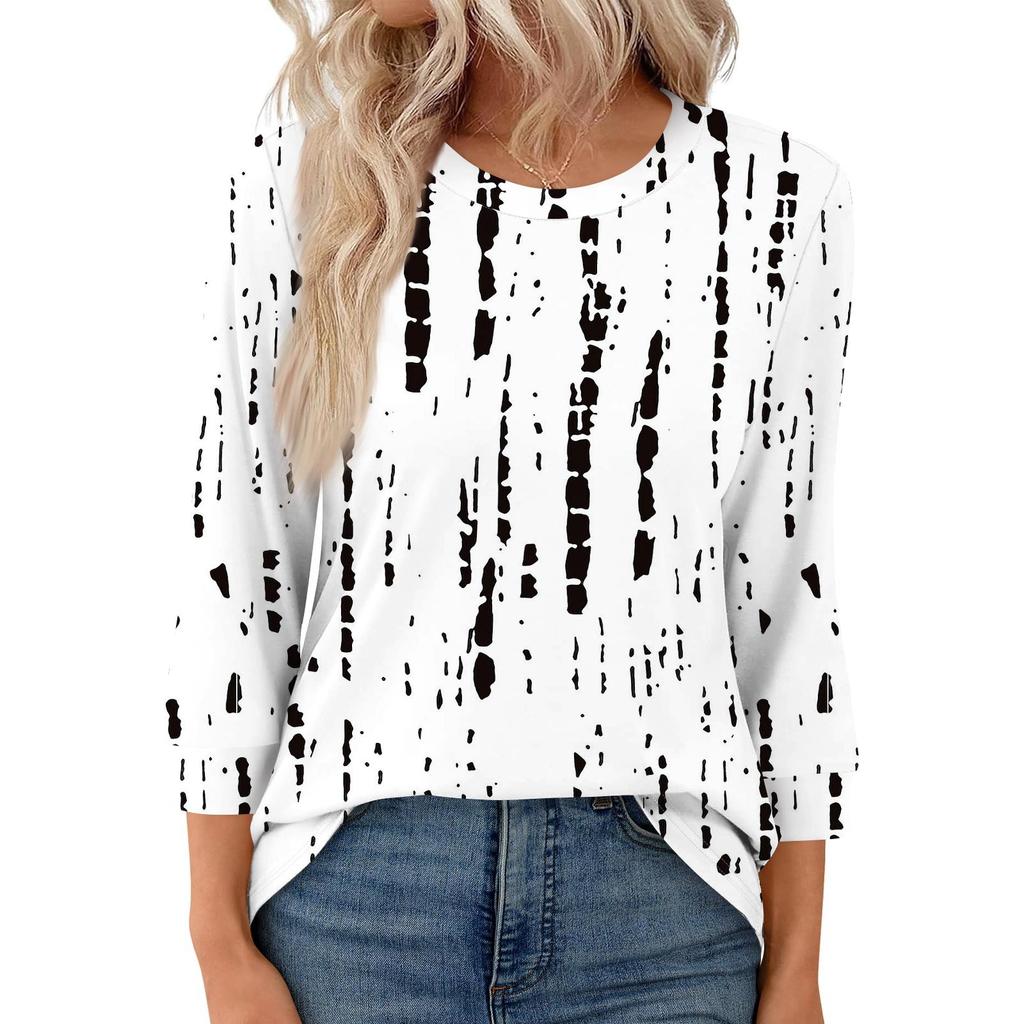 Women's Fashion Casual Round Neck 3/4 Sleeve Loose  Printed T-Shirt Ladies Top