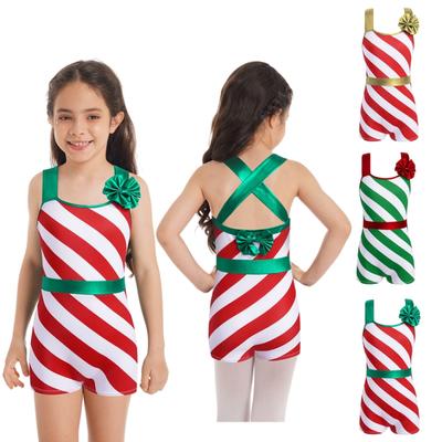 Kids Girls Christmas Costume Sleeveless Stripes Print High Waist Short Jumpsuit Xmas Ballet Leotard Short Jumspuit