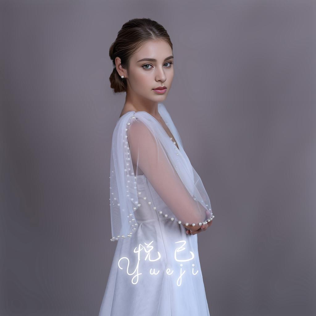 Detachable Glitter Tulle Puff Short Sleeve Cuffs, Mixed Size Pearl Beaded Sheer Arm Covers for Wedding Bridal Evening Dress