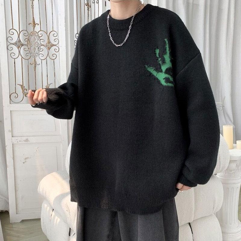 Fashion Hole Letter Knitted Pullovers Autumn Winter New American Loose O-Neck Men's Casual Long Sleeve Vintage Sweaters