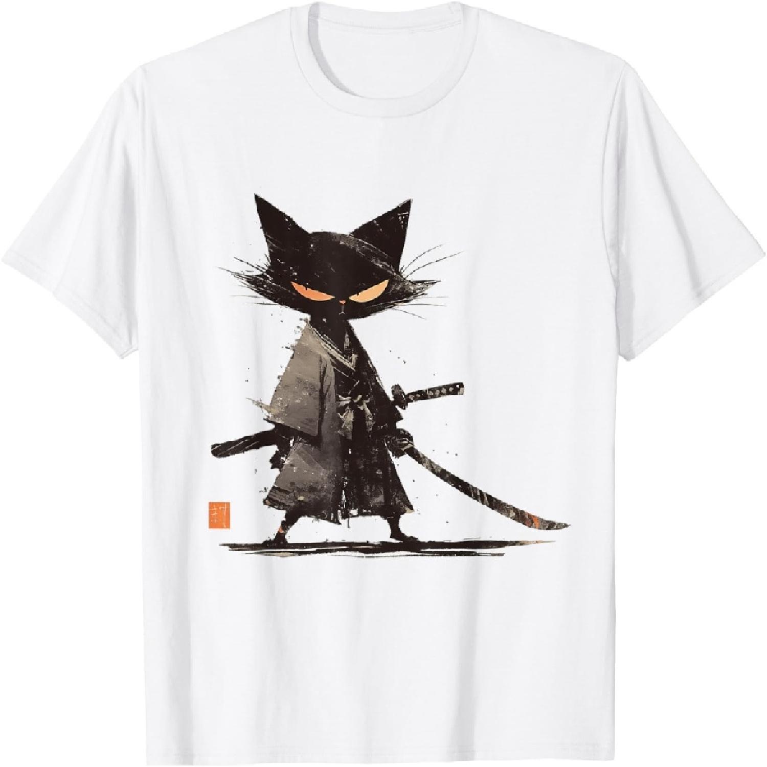 Japanese Art Cat Ninja Ukiyo-e Anime Style Samurai Cat Men Women Kids T-Shirt XXXXXL белый