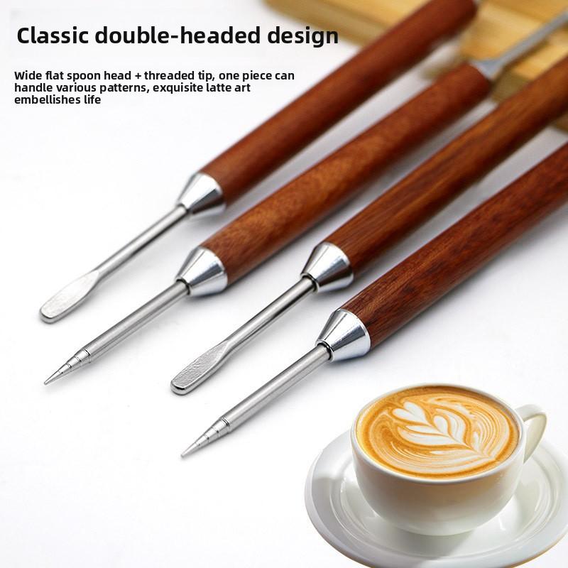 Latte Art Needle Tool with Carved Rosewood Handle Professional Coffee Decorating Pen for Baristas
