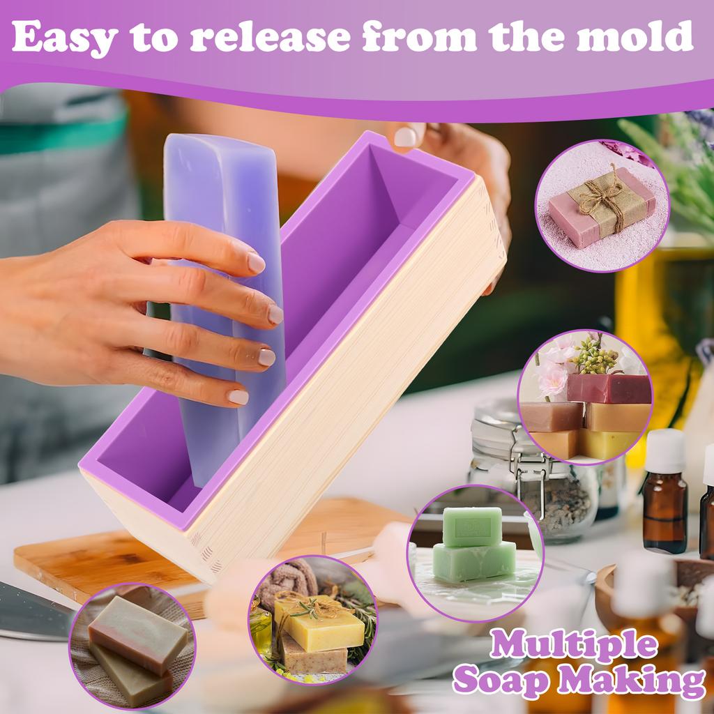 Wooden Soap Loaf Mould Set Rectangle Silicone Mould with Adjustable Wood Mold Cutter Box for DIY Soaps Making Bread Dessert