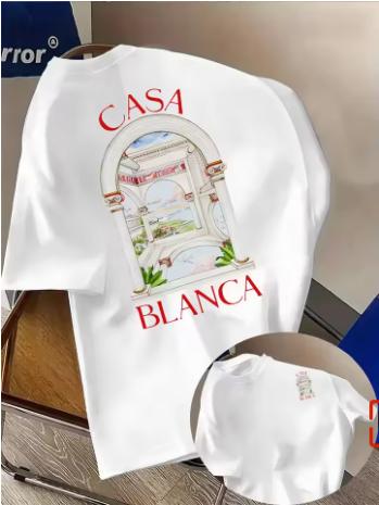 Herren T-Shirt mit marokkanischer Stadtarchitektur Stranddruck Reiner Baumwollstoff mit Casablanca Schriftzug - Sportliches und lässiges Damen YTK T-Shirt