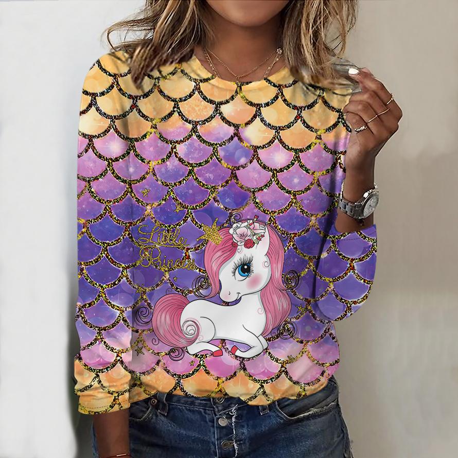 Tops For Women 3D Cute Mermaid Print Round Neck Long Sleeve T-shirt Fall Casual Slim Pullover Women's Long Sleeve Top