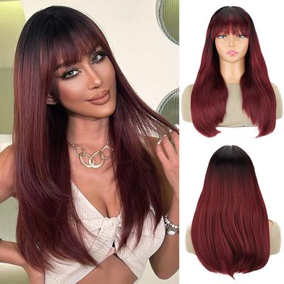 Perruque synthétique longue et lisse avec frange, résistante à la chaleur, pour femmes et filles, usage quotidien, fête, Halloween, cosplay