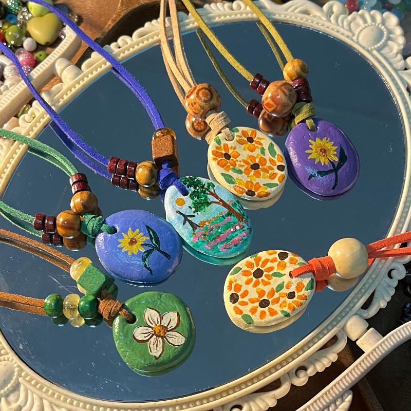 Pastoral Hand-Painted Flower Necklace Colorful Rope Weaving Personalized Pendant Hot-Selling Niche Collarbone Chain