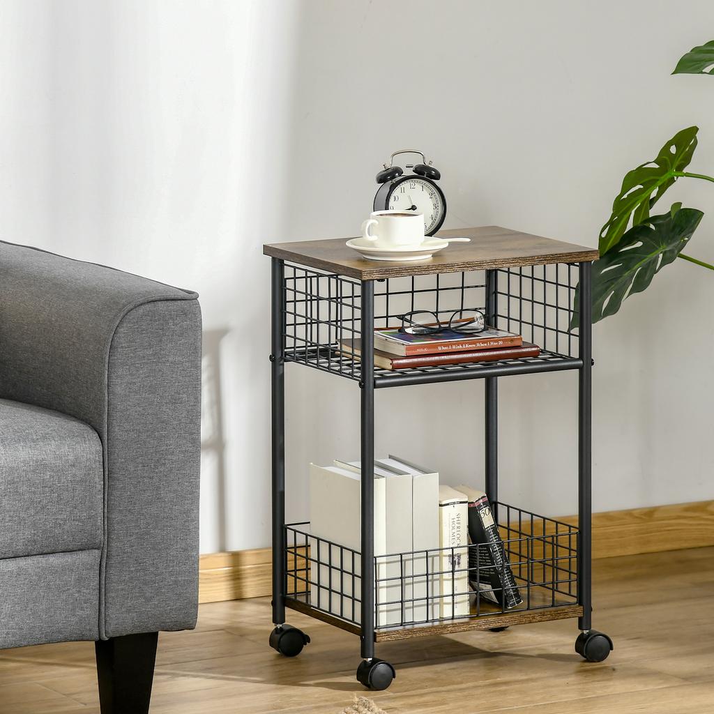 Industrial Design Kitchen Cart 1 Shelf 1 Storage Basket 4 Wheels 40 cm x 30 cm x 62 cm Steel Black + Brown