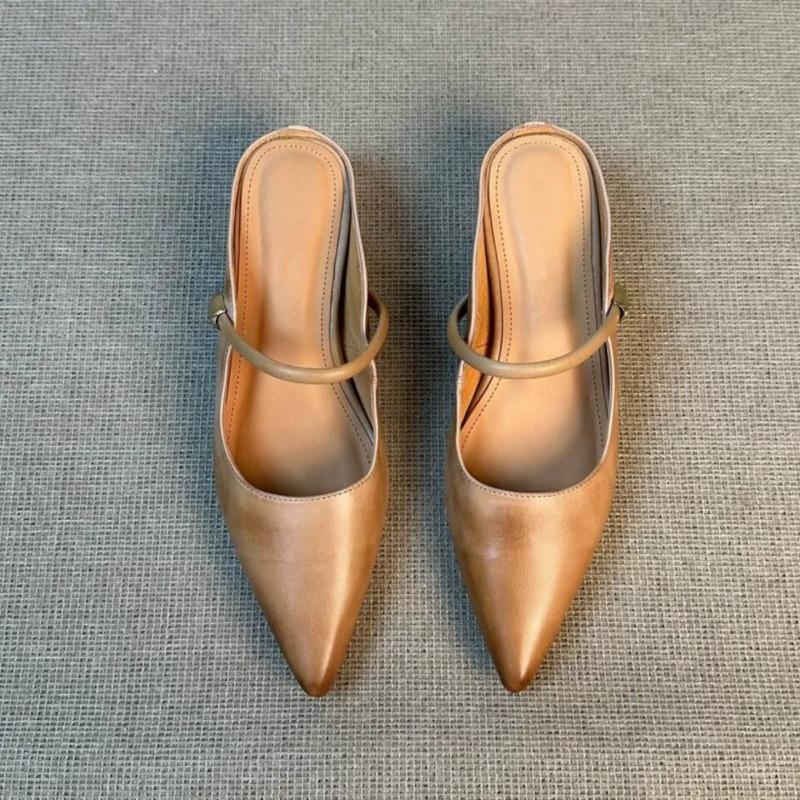 Cowhide Version~ French Temperament Polished Pointed Head with Bag Head Half Slippers Women Wear Height-increasing Sandals In Summer