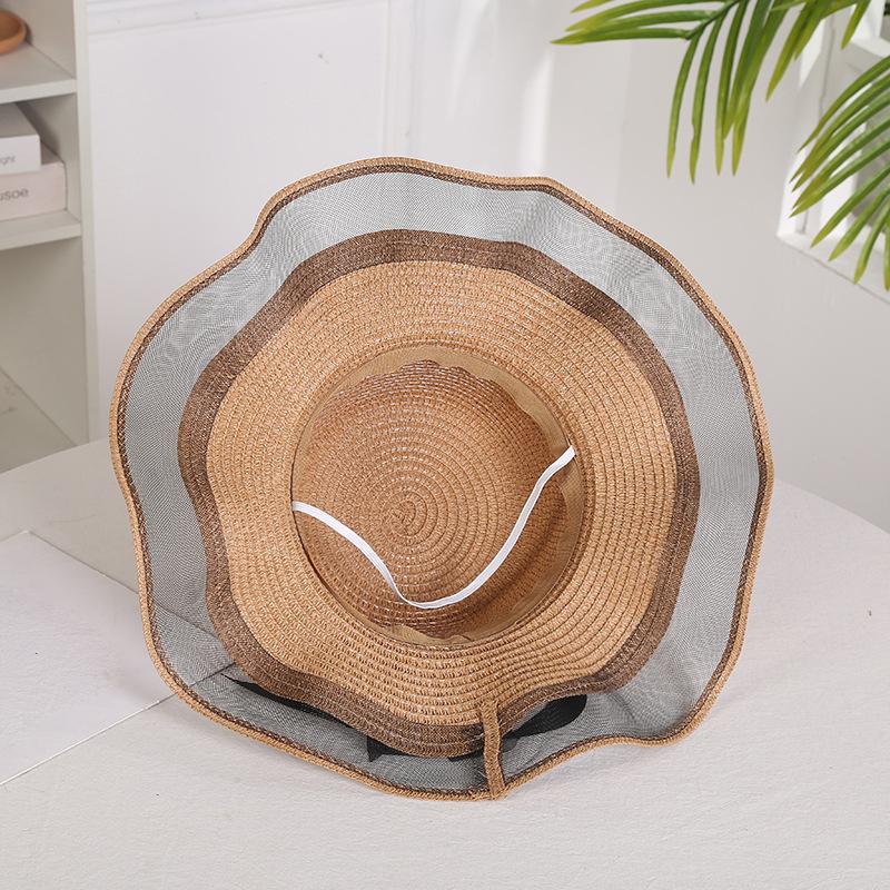 Fashion Flat-Topped Straw Hats Girls Wide Brim Sun Hat Outdoor Lace Bow Strap Lightweight Uv Protection Beach Cap