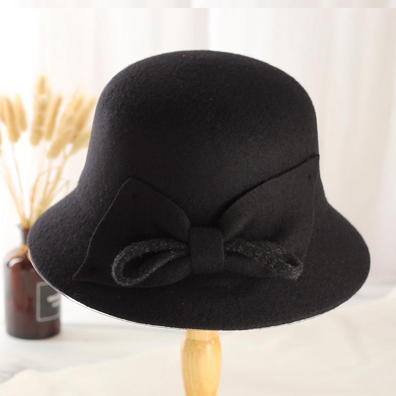 Nowy jesienno-zimowy kapelusz rybacki dla starszych kobiet, dekoracja z węzłem liściowym, damski brytyjski gruby ciepły wełniany kapelusz garnkowy