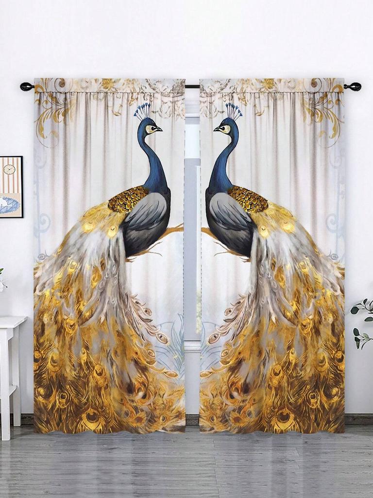 2pcs Vintage Blue Golden Peacock Animal Print Window Curtains,Refer To Bedroom Office Kitchen Living Room Study Home Decor