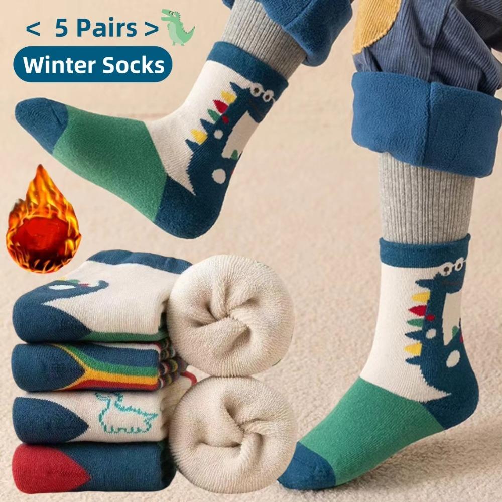 

5 Pairs Kids Cartoon Dino Gifts Boys Winter Socks 1-13T Middle Tube Socks Thick Cotton Socks M(6-8 years)17-19cm-5pcs