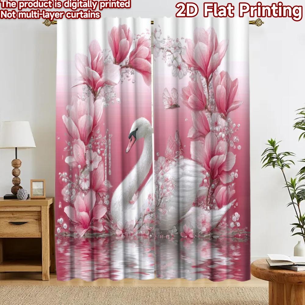 2D flat printing 2pcs Curtain Party Curtain Romantic Swan with Flowers Digital Printed Polyester Drapes Party Decorations for