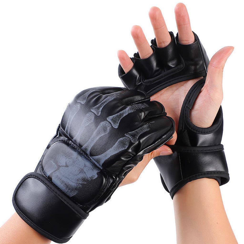 1 Pair Half Finger Boxing Gloves PU Leather Ghost Hand MMA Gloves for Muay Thai Fighting Punching