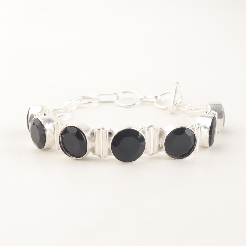 925 Sterling Silver Black Onyx Gemstone Jewelry Handcrafted Chain Bracelet 9" RB-7-17