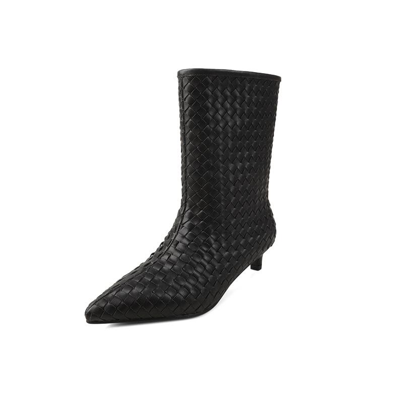 3.7CM autumn new microfiber woven small short boots pointed minimalist style fashionable versatile pointed thin heel high boots