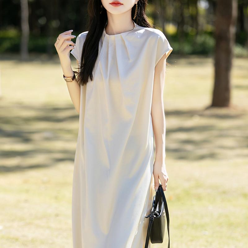 Silky Satin Minimalist French Summer Long Skirt Dress for Women