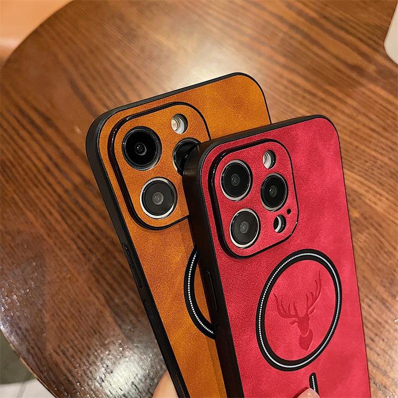 Magnetische Lederhülle für Magsafe Deer für iPhone 15 13 11 12 14 Pro Max Plus XR X XS Max Wireless Charge Stoßfeste Hülle Funda