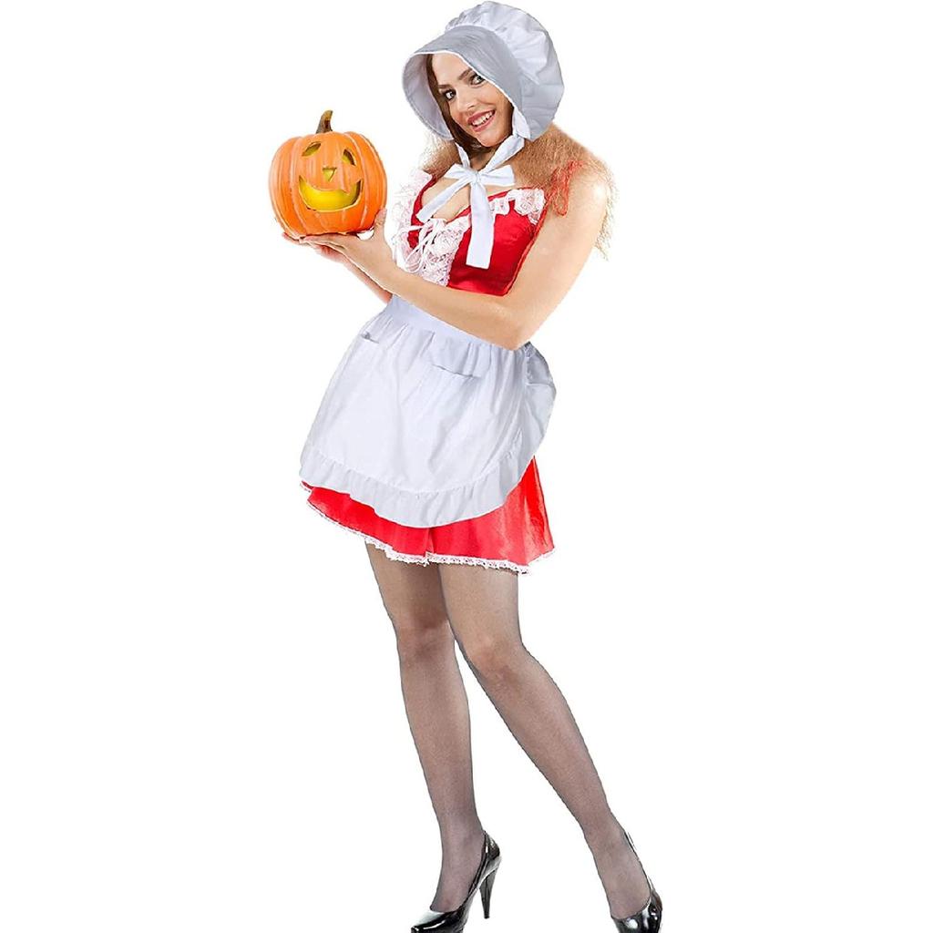 Damen Halbschürze mit zwei Taschen Weiße Haube Pilgerhut Kolonialhut Handmaid's Tale Kostüm Koloniales Kleid