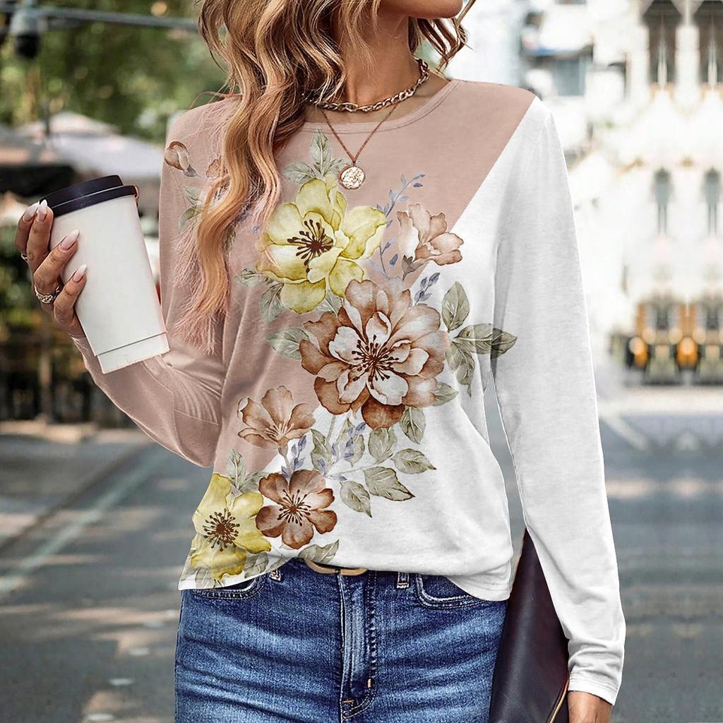 Spring and Autumn Round Neck 3D Color Block Floral Printed Top Fashionable Casual Long Sleeved Women's T-shirts