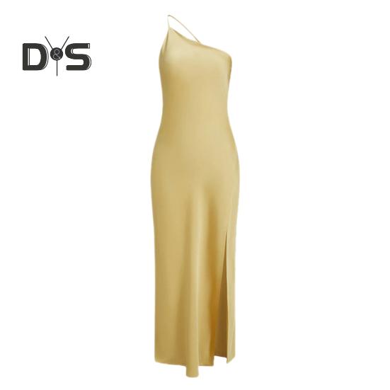 

Женское сексуальное платье с наклонным воротником без рукавов с открытой спиной, длинное платье, однотонное дизайнерское вечернее платье с боковым разрезом S жёлтый
