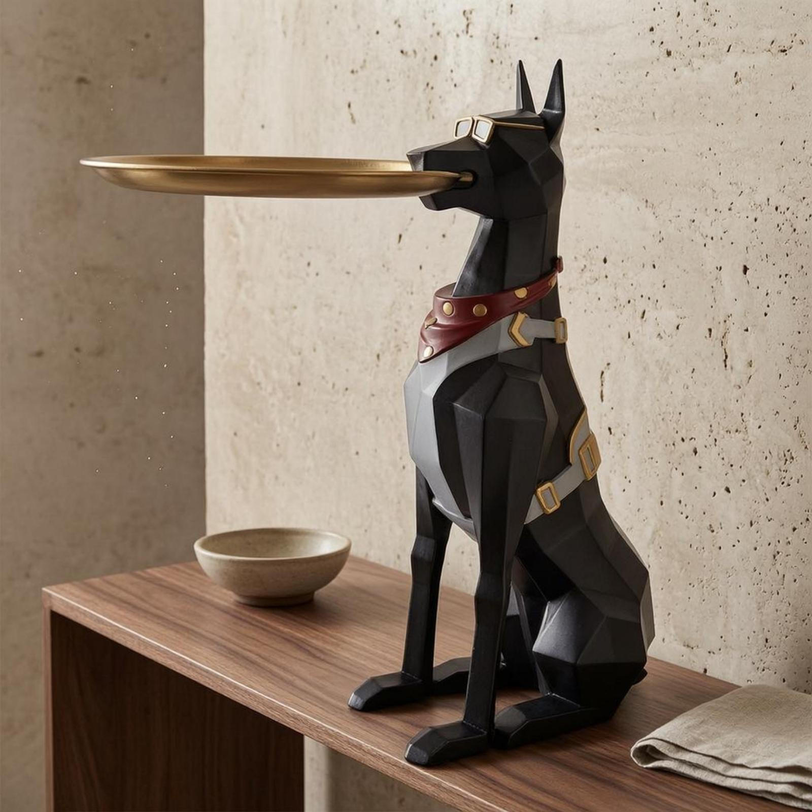 Doberman Tray Holder Faceted Resin Dog Table Toned Accents Geometric Sculpture Black 29.5CM