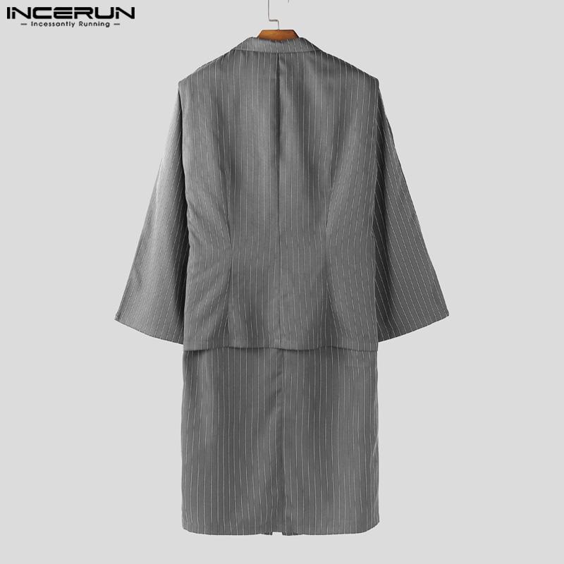 INCERUN Oversized Men Lapel Sleeveless Striped Patchwork Layers Thin Blazer Casual Long Coats