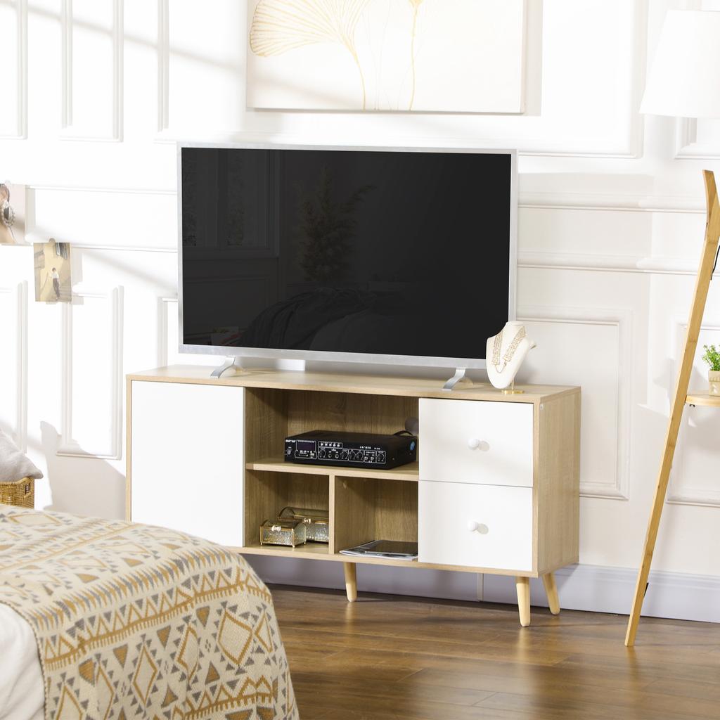 TV Cabinet for TVs Up To 45 Inches Solid Wood Legs Scandinavian Style 3 Open Compartments 1 Cupboard 120 X 30 X 60 Cm