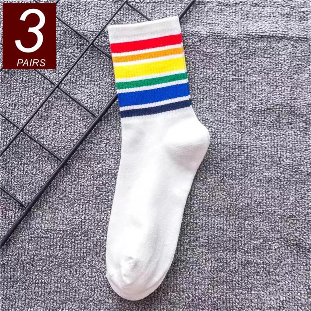 3 Pairs Rainbow Cotton Socks Women High Quality Cotton Socks Street Ins Fashion Stripe Stacked Mid Tube Sports Sokken