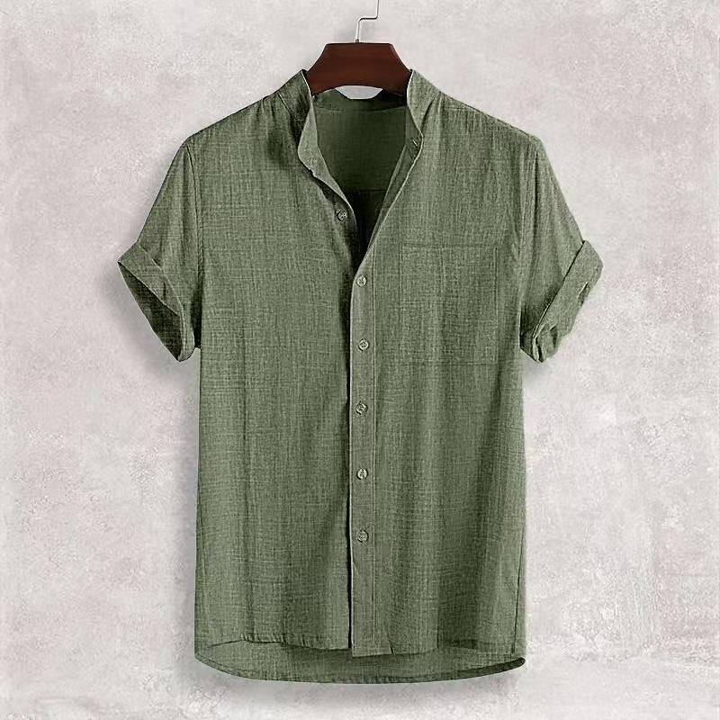 Summer Men s Short Sleeve Cotton and Linen Shirt Comfortable Casual Stand-Up Neck Cardigan Solid Color Shirt Men s S армия зеленый