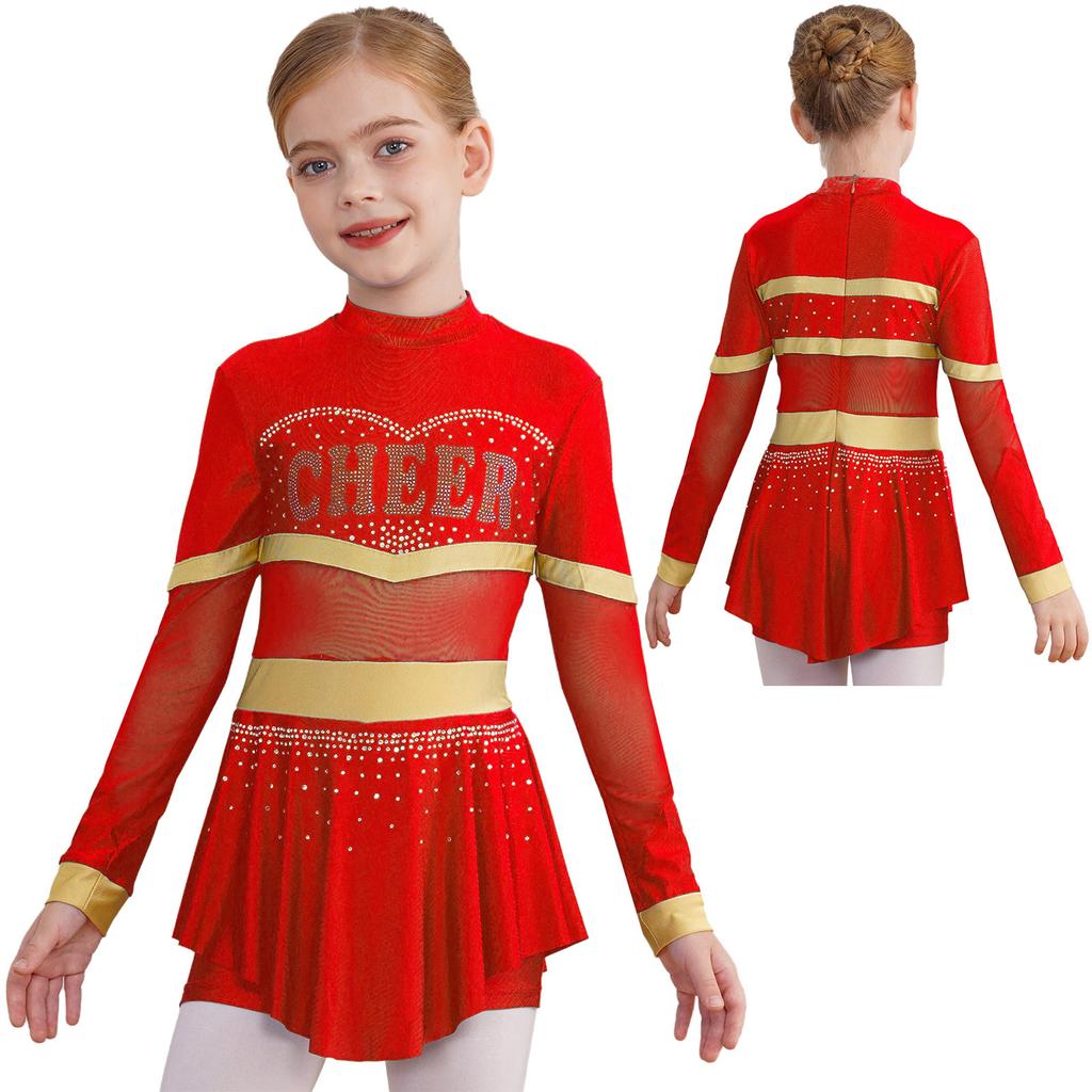 Girls One-Piece Cheerleading Costume: Long Sleeve Mesh Patchwork Shiny Diamonds Jumpsuit for Dance Gymnastic Performance