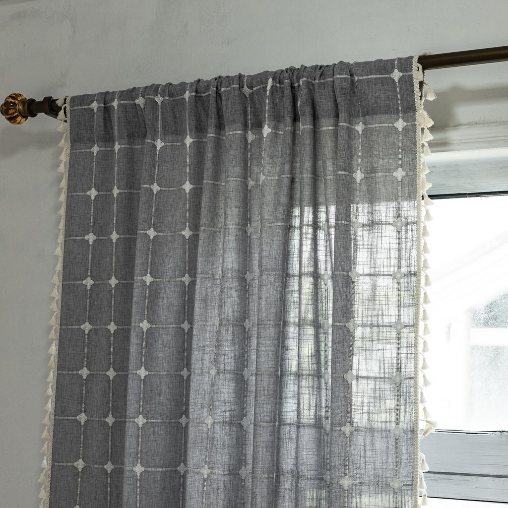 Curtain Finished Grey Plaid Embroidered Farmhouse Decorative Blackout Half Curtain Bohemian Curtain