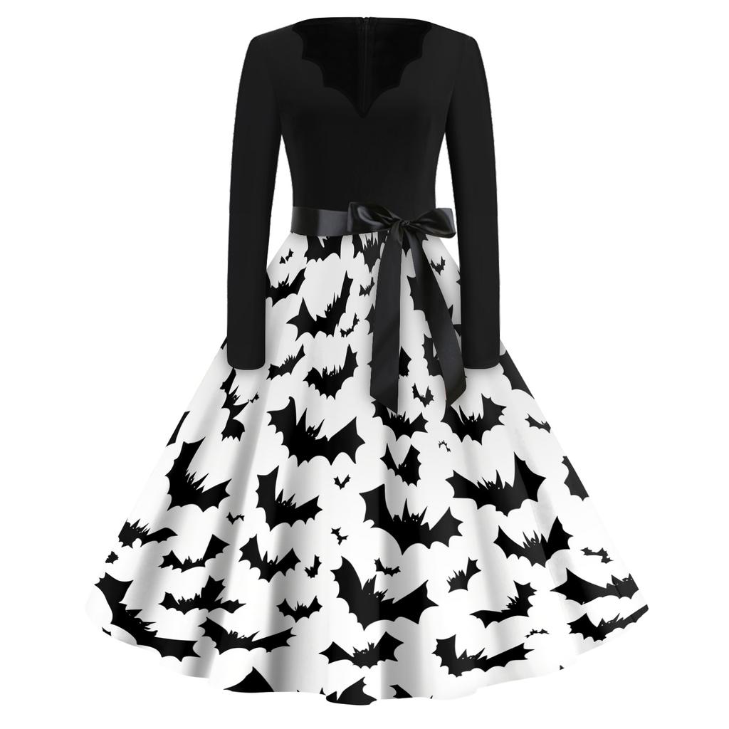 Women Casual Halloween Print V Neck Vintage Dress Long Sleeve Retro Style A Line Skater Dress with Waist Tie for Seasonal Events