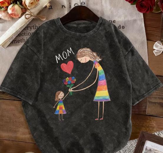 

Parent Child Love Printed Washed Short Sleeved Tshirt Made of Old Round Neck Tshirts S