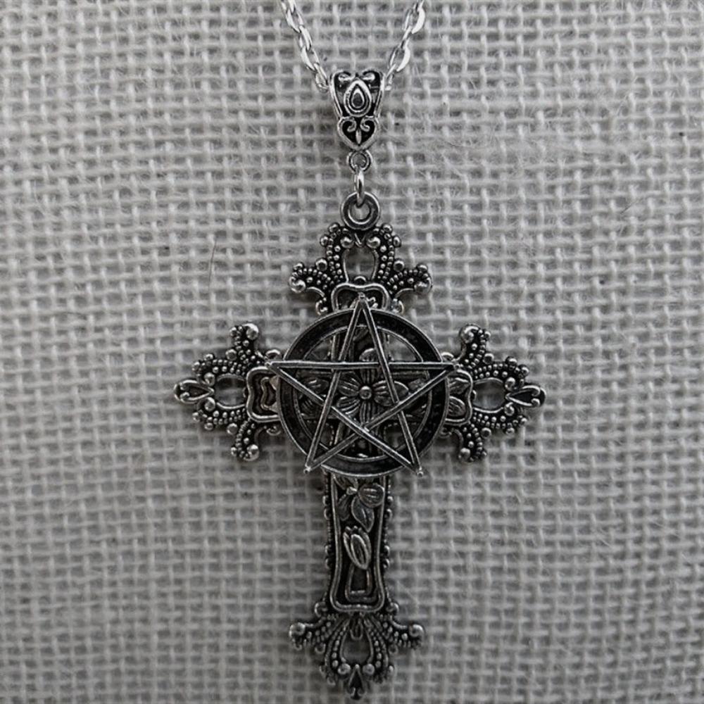 Hip Hop Punk Sliver Color Large Cross Five-pointed Star Flower Pendant Necklace for Women Hallowmas Personality Jewelry Gifts