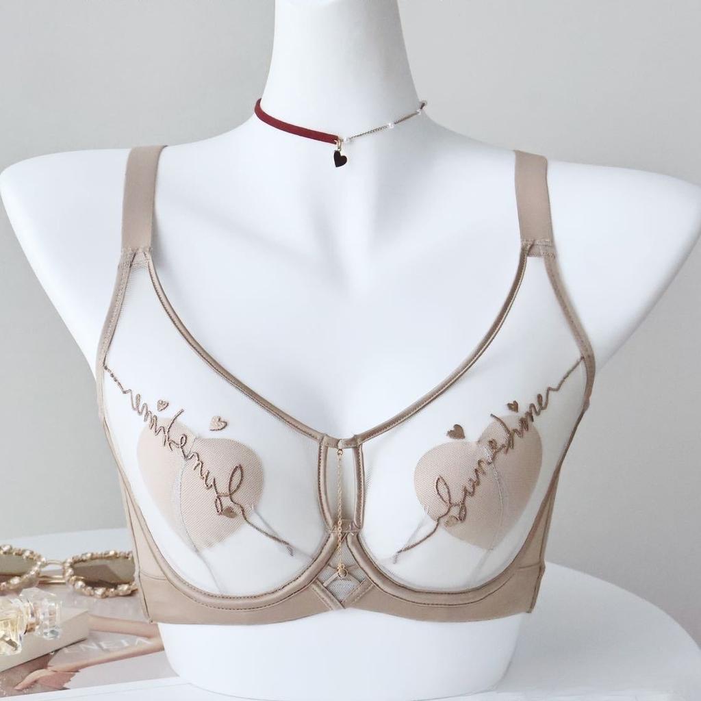 French Letter Embroidery Semi-transparent Mesh Heart Cup Bra Light and Thin Breast-revealing Small Memory Wire Support Bra