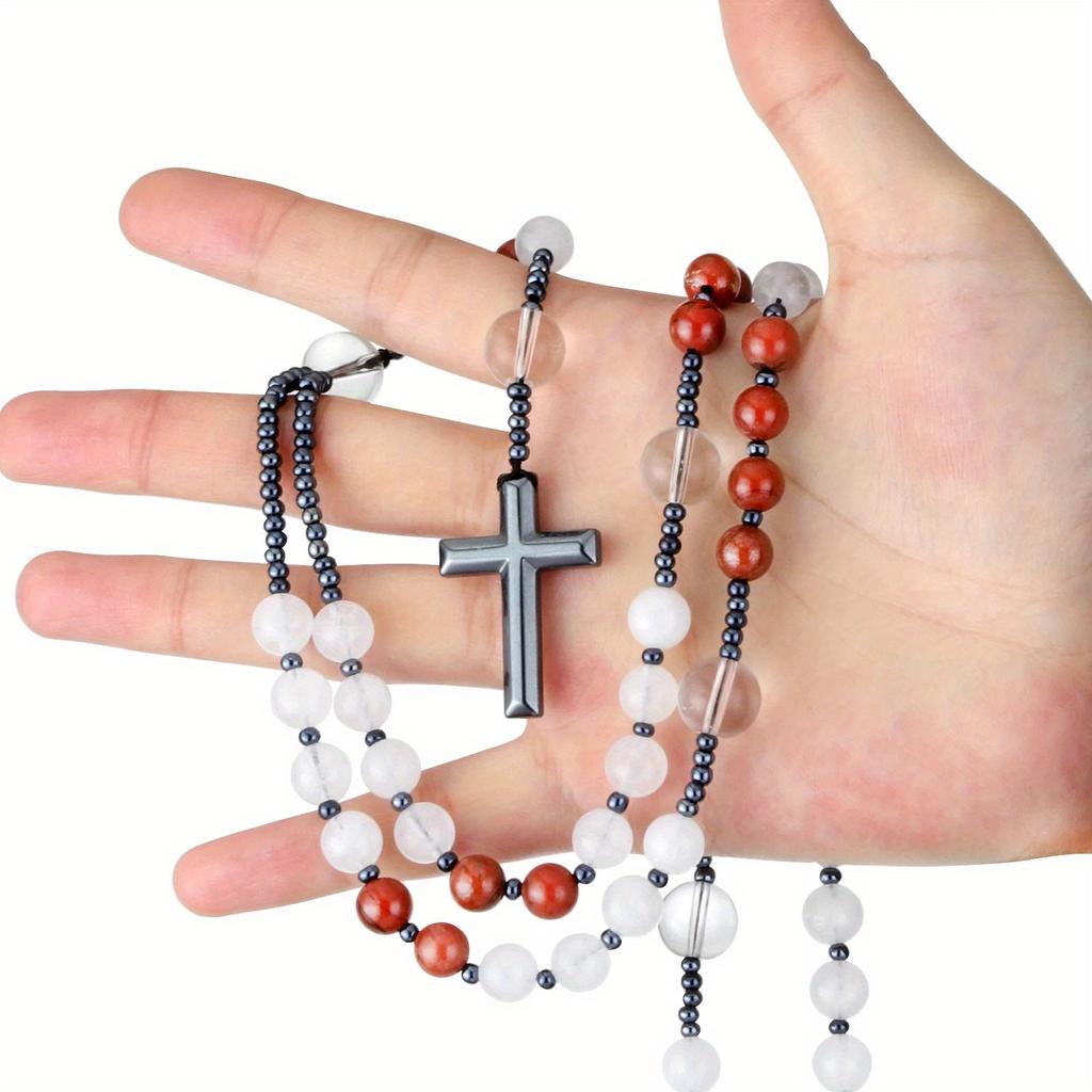 Red Stone White Crystal Rosary Beads Necklace Women Men Catholic Christ Hematite Cross Pendant Necklace Meditation Mala Jewelry