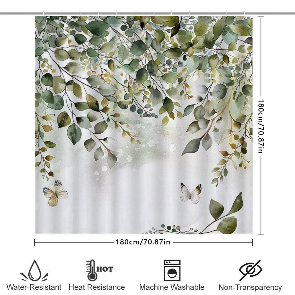 Charming Green Leaves and Butterflies Shower Curtain for Bathroom Decor Eco Friendly Waterproof Fabric with Hooks Enhances