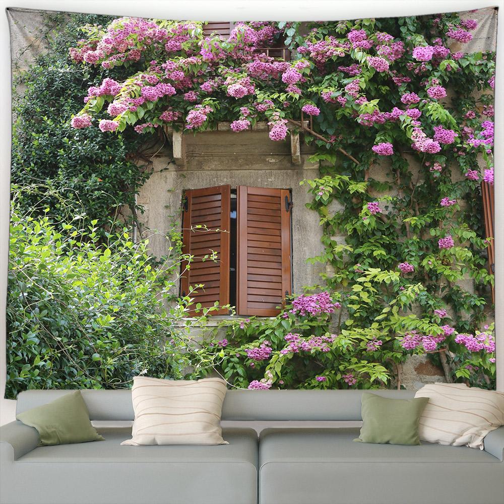 Street Flower Scenery Tapestry Vintage Blue Wooden Door Floral Plants Nature Landscape Home Garden Decor Wall Hanging Picnic Mat