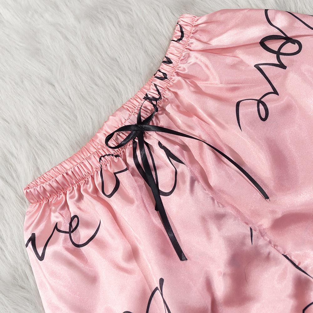 Yaoting Heart Print Lace Patchwork Women's Summer Pajama Set