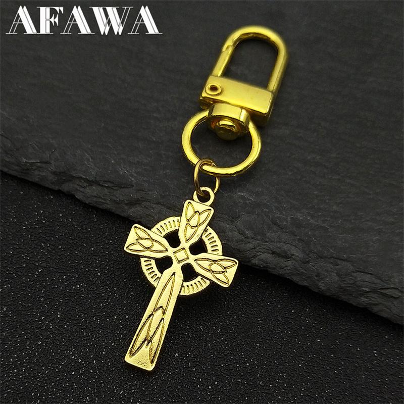 Celtic Knot Irish Cross Pendant Keyring for Women Men Stainless Steel Gold Color Viking Norse Odin Keychain Jewelry llaveros