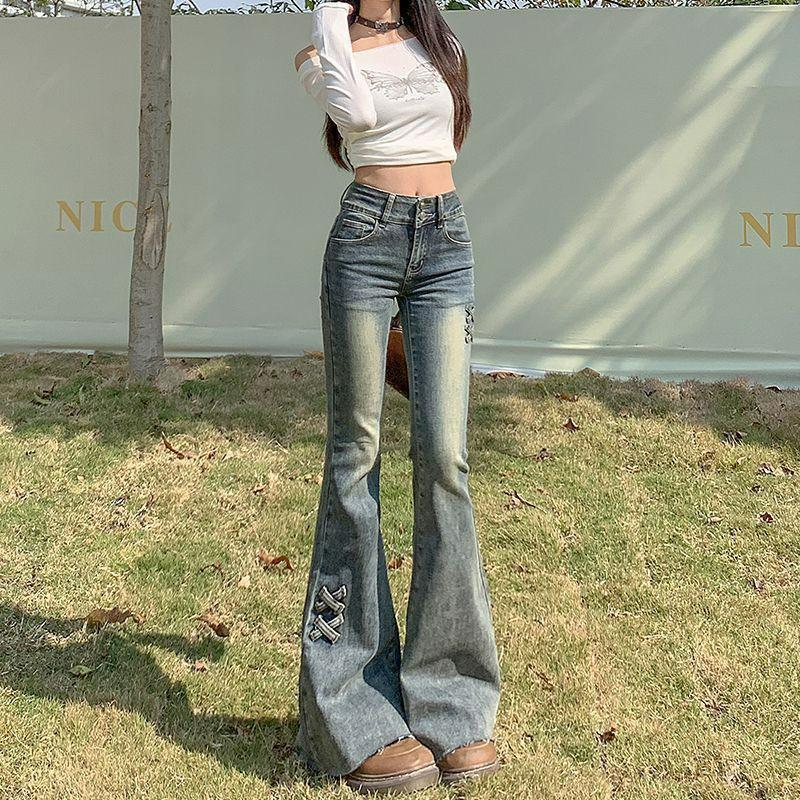 Big Yards Micro Flare Jeans Female Slim High Waist Design Sense Double Button Retro Elastic Flare Trousers Jeans for Women Long Denim Pants