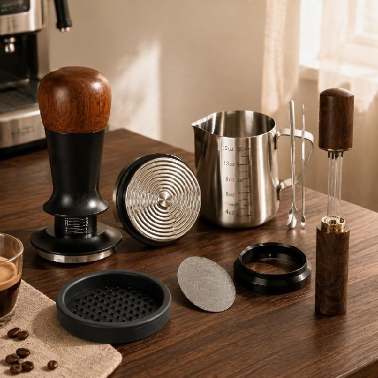 Coffee Use Starter Set with Metal Tamper, Milk Pouring Pitcher, Grounds Distributor and Dosing Guide Support for Home Counter Area