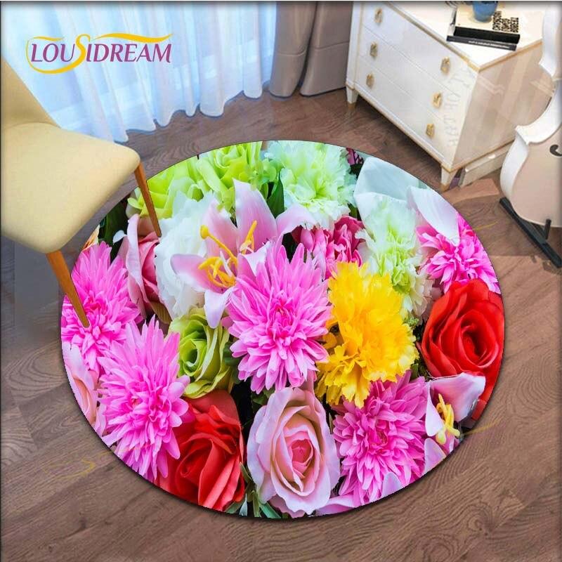 Rose Flower Waterproof and Non-slip Circle Cute Floor Rug Round Area Rugs Living Room Children Chair Tent Play Game Carpets