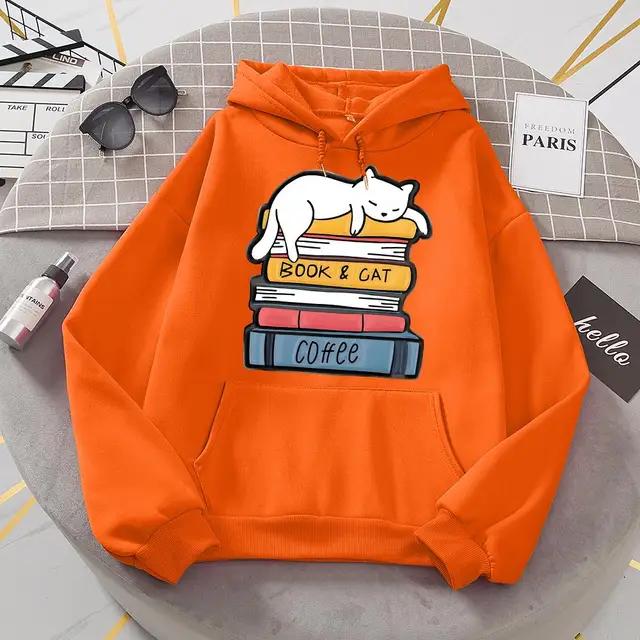 

Женская уличная толстовка с капюшоном «Белый кот, спящая на куче книг», осенняя толстовка большого размера, повседневная теплая одежда 2XL